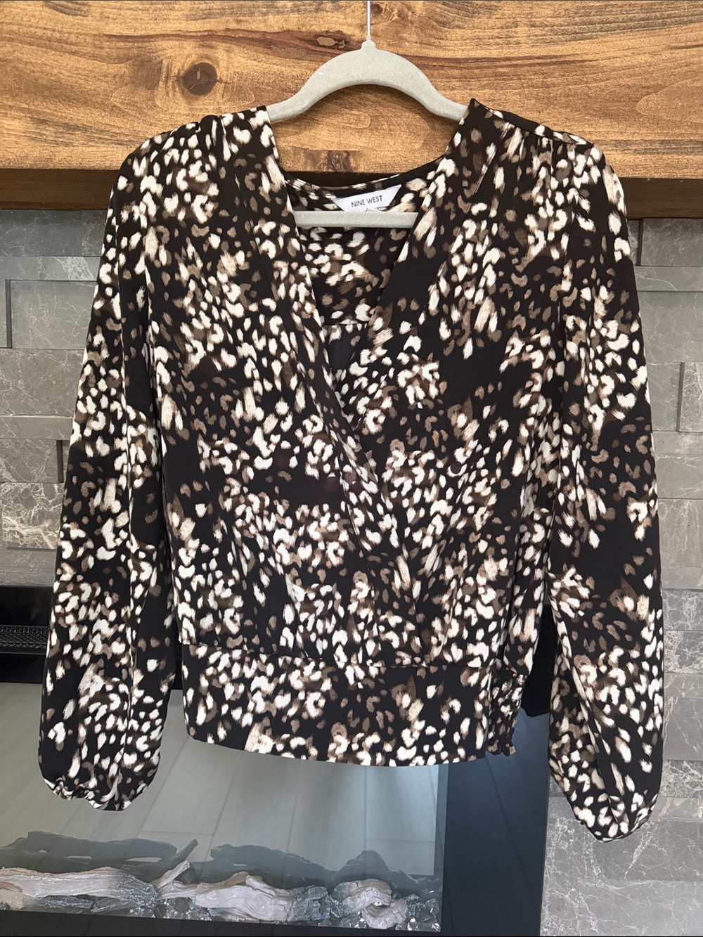 Nine West Black, Brown & Cream Printed Wrap-Style Blouse